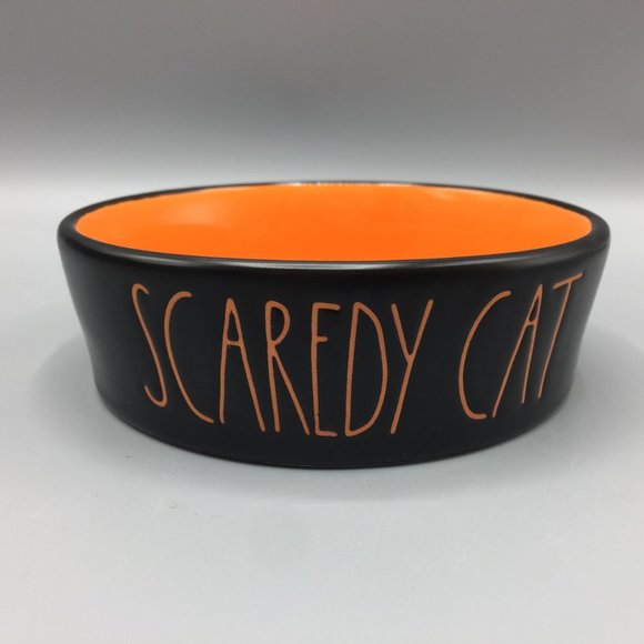 Rae Dunn SCAREDY CAT Ceramic Pet Bowl Halloween Black Orange
